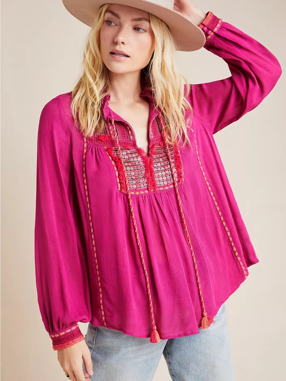 Bl^nk London Lissa Long Sleeve Embroidered Peasant Top